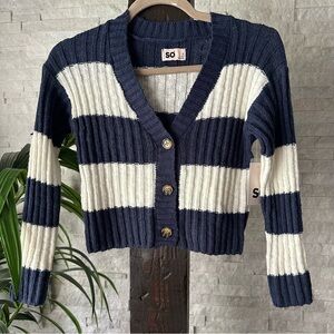 SO Navy Blue White Rugby Stripe Boxy Cozy Cardigan Girls Size 7 New with Tags